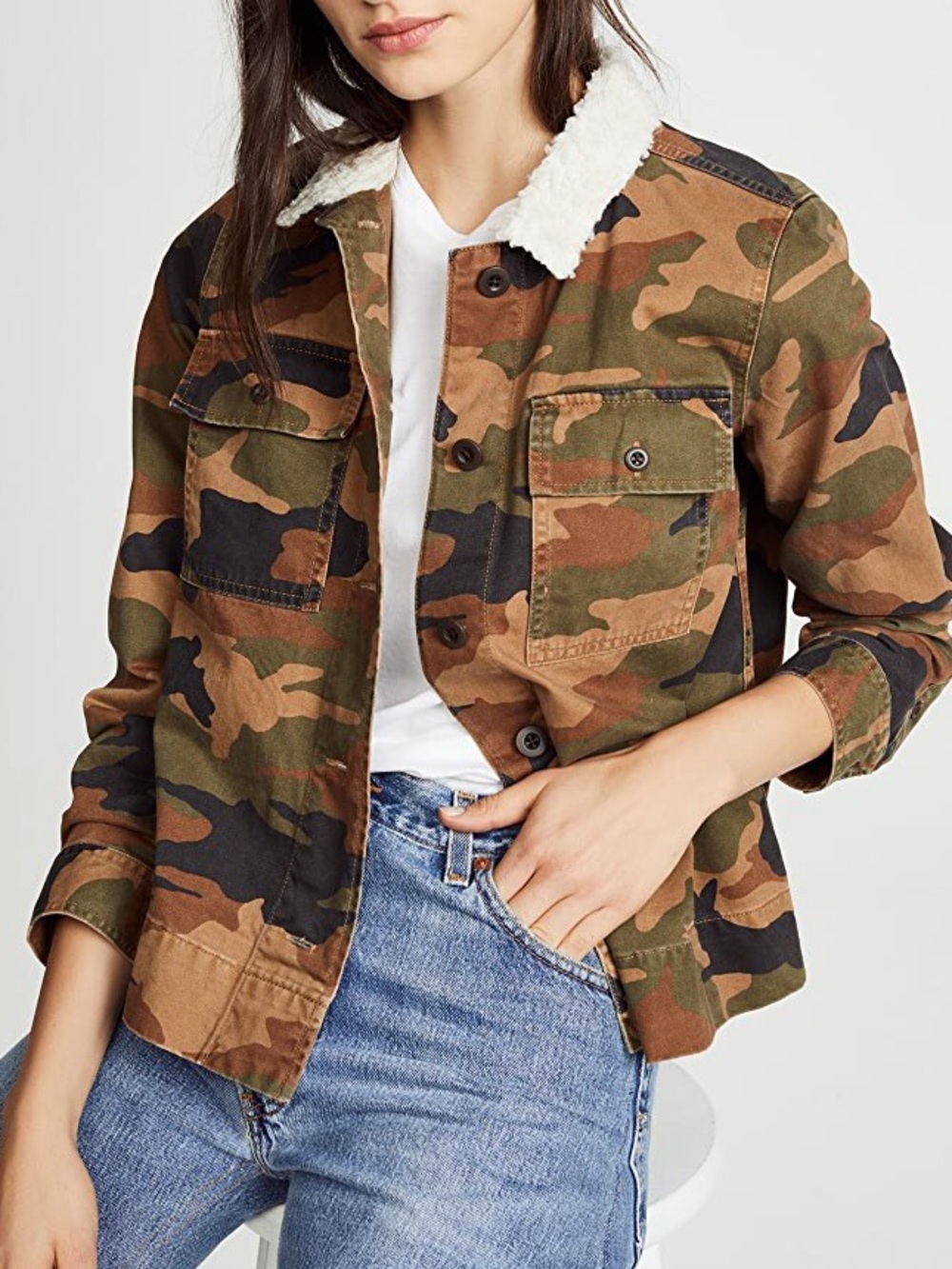 Madewell Northward Cropped Army Jacket in Cottontail Camo Sherpa Collar Medium